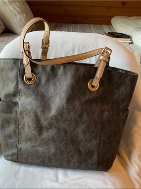 Michael Kors Brown MK Logo Tote with Tan Leather Straps